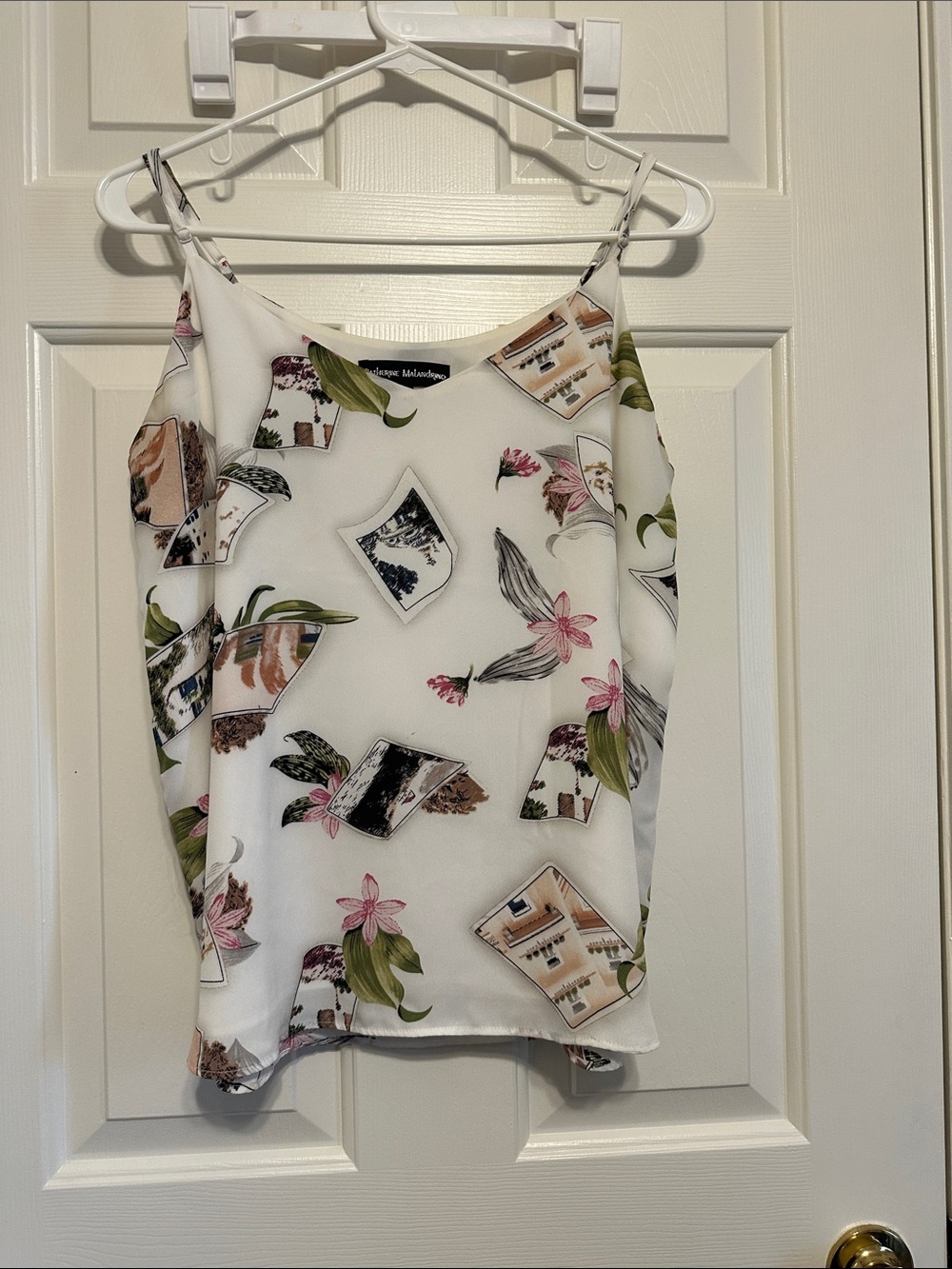 Catherine Malandrino White Floral & Postcard Satin Cami